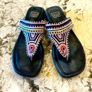 Women’s Jamie Sadock yellow, purple, silver and white beaded sandals. 9.5M